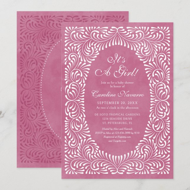 Talavera Flickor Rosa Fiesta Baby Shower Inbjudningar (Fram/baksida)