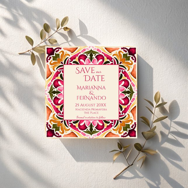 Talavera fuchsia-vintagen Mexikanska bröllop Spara Datumet (Talavera fuchsia magenta tile vintage Spanish Mexican wedding Save The Date cards template )