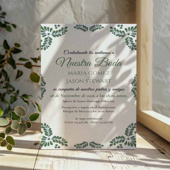 Talavera Green Floral Minimalist Spanish Wedding Inbjudningar (Talavera Green Floral Minimalist Spanish Wedding Invitation)