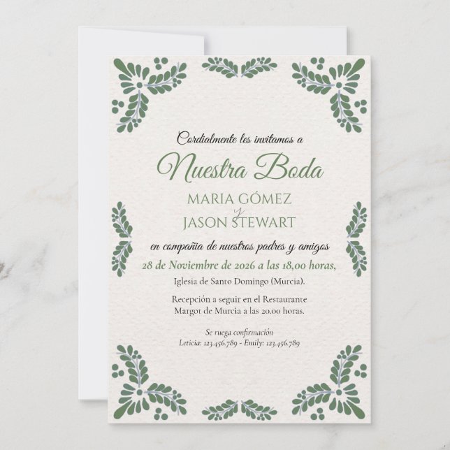 Talavera Green Floral Minimalist Spanish Wedding Inbjudningar (Framsida)