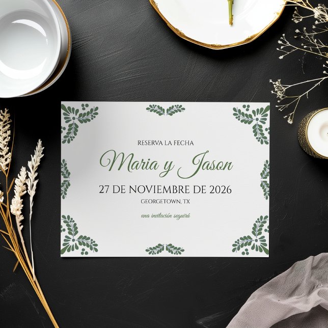 Talavera Green Floral Minimalist Spanish Wedding Spara Datumet (Talavera Green Floral Minimalist Spanish Wedding Save The Date)
