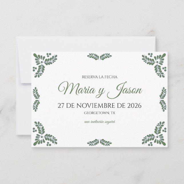 Talavera Green Floral Minimalist Spanish Wedding Spara Datumet (Framsida)