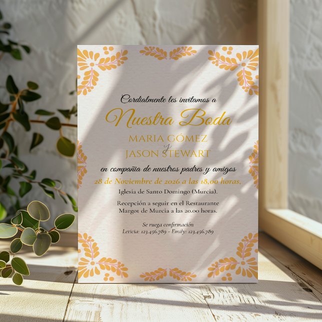 Talavera Gul Blommig Minimalist Spansk Bröllop Inbjudningar (Talavera Yellow Floral Minimalist Spanish Wedding Invitation)
