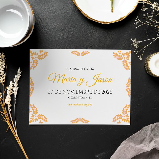 Talavera Gul Blommig Minimalistisk Spansk Bröllops Spara Datumet (Talavera Yellow Floral Minimalist Spanish Wedding Save The Date)