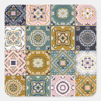 Talavera Indian: Patchwork, Ethnic Mosaic. Fyrkantigt Klistermärke