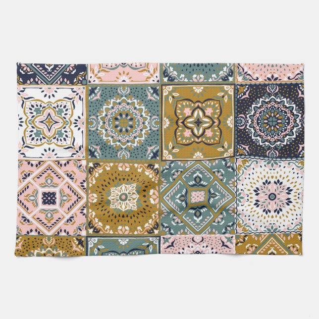 Talavera Indian: Patchwork, Ethnic Mosaic. Kökshandduk (Horisontell)