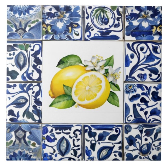 Talavera Lemons Dark Blue and White Mediterranean Kakelplatta (Framsidan)