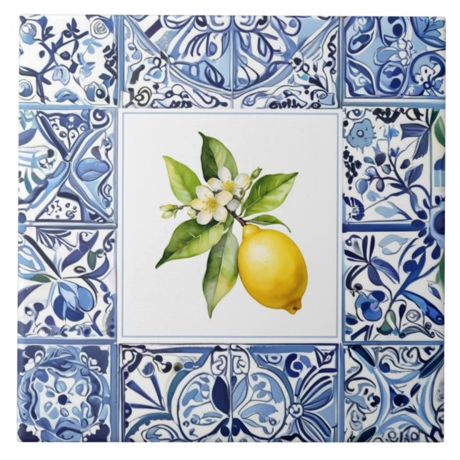 Talavera Lemons Light Blue and White Mediterranean Kakelplatta (Framsidan)
