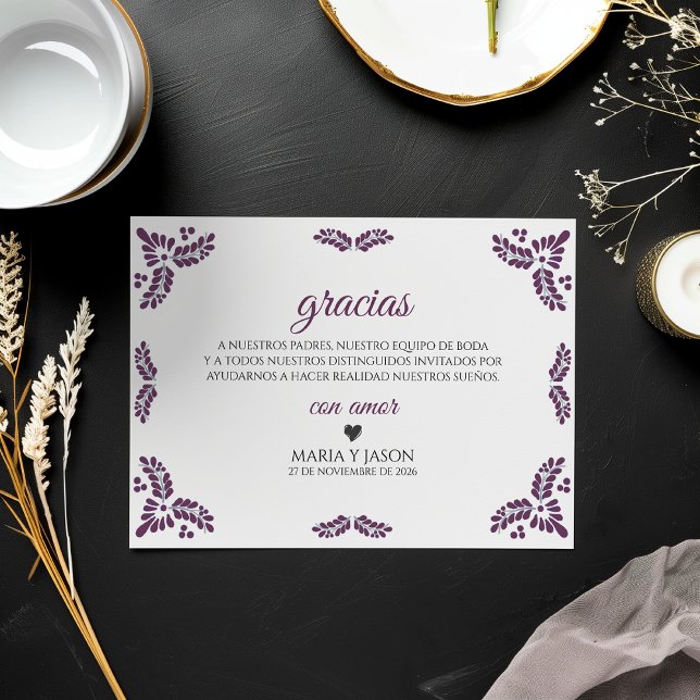 Talavera lila minimalistisk spansk bröllopsfest tack kort (Talavera Purple Floral Minimalist Spanish Wedding Thank You Card)