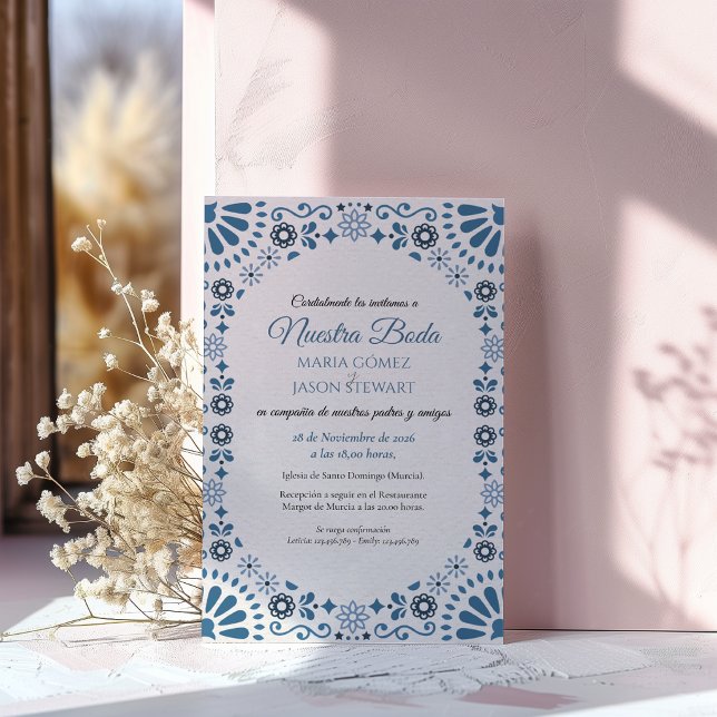 Talavera Majolica Blå Blommig Boda Spansk Bröllopp Inbjudningar (Talavera Majolica Blue Floral Boda Spanish Wedding Invitation)