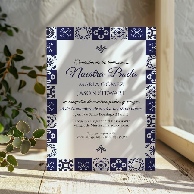 Talavera Majolica Marinblå Vit Spansk Bröllopsinbj Inbjudningar (Talavera Majolica Navy Blue White Spanish Wedding Invitation)