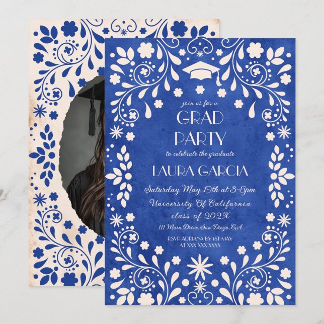 Talavera mexikansk Royal Blue examensfoto Inbjudningar (Fram/baksida)