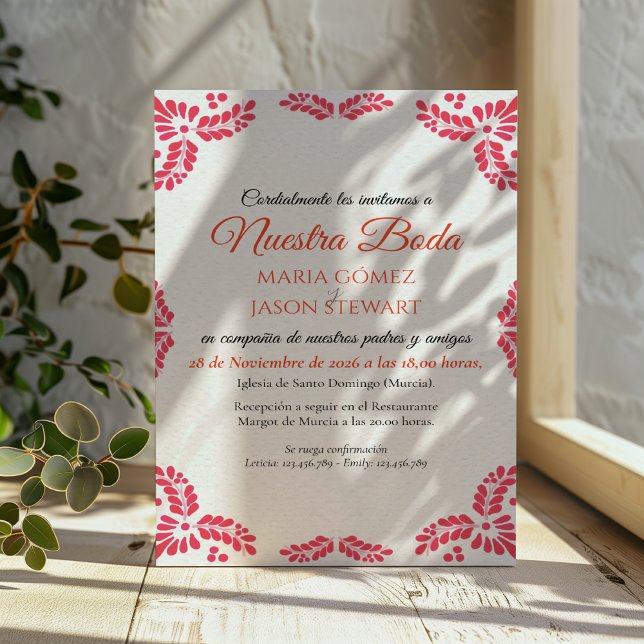 Talavera Orange Blommig Minimalistisk Spansk Bröll Inbjudningar (Talavera Orange Floral Minimalist Spanish Wedding Invitation)