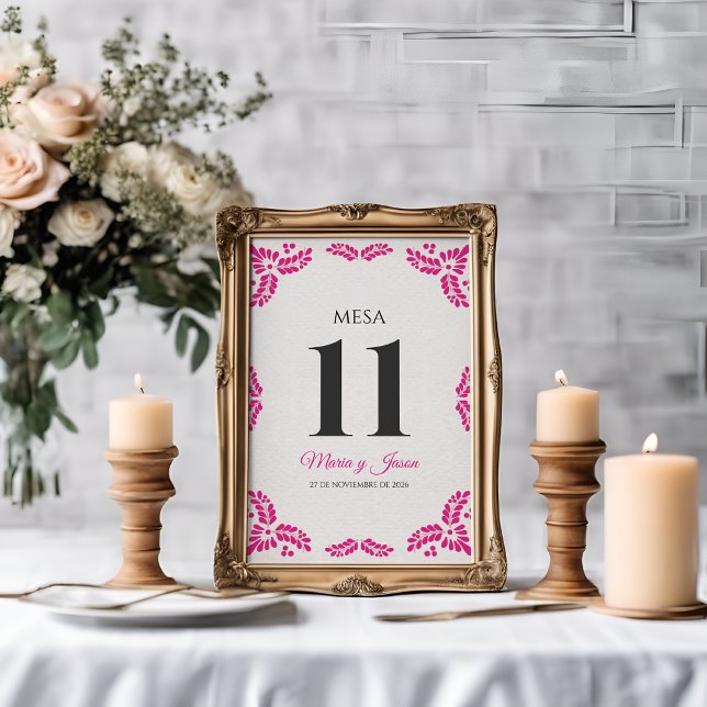 Talavera Pink Floral Minimalist Spanish Wedding Bordsnummer (Talavera Pink Floral Minimalist Spanish Wedding Table Number)