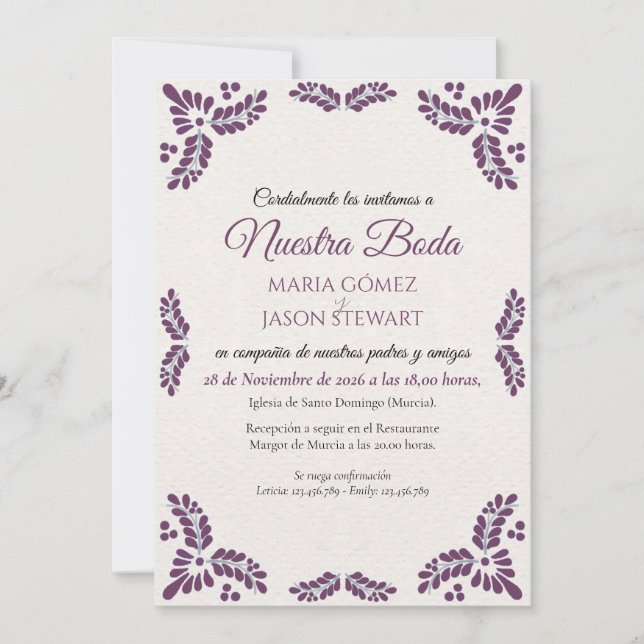 Talavera Purple Floral Minimalist Spanish Wedding Inbjudningar (Framsida)