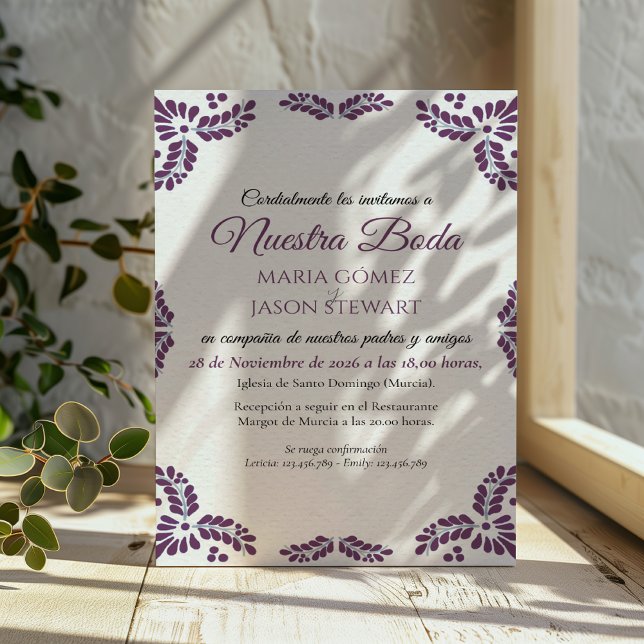 Talavera Purple Floral Minimalist Spanish Wedding Inbjudningar (Talavera Purple Floral Minimalist Spanish Wedding Invitation)