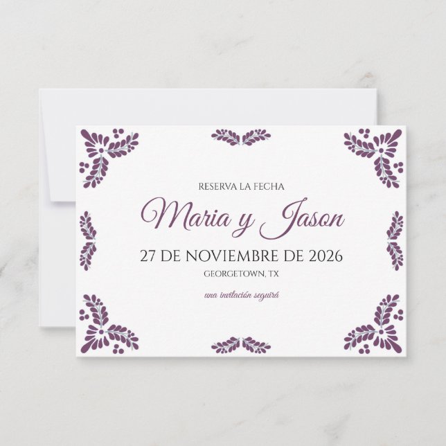 Talavera Purple Floral Minimalist Spanish Wedding Spara Datumet (Framsida)