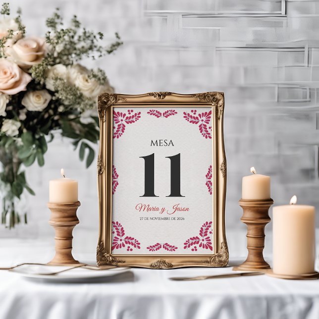 Talavera Red Floral Minimalist Spanish Wedding Bordsnummer (Talavera Red Floral Minimalist Spanish Wedding Table Number)