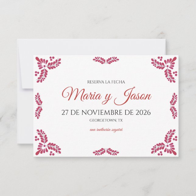 Talavera Red Floral Minimalist Spanish Wedding Spara Datumet (Framsida)