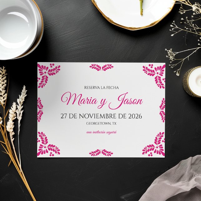 Talavera Rosa Blommig Minimalistisk Spansk Bröllop Spara Datumet (Talavera Pink Floral Minimalist Spanish Wedding Save The Date)
