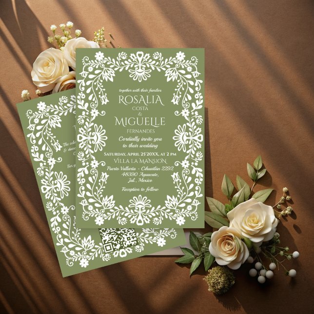 Talavera Sage grönt Mexikanska bröllop Inbjudningar (Talavera folk art sage green vintage Mexican wedding Invitation cards with RSVP template)