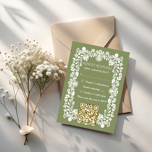 Talavera-sagegrön mexikansk bröllopsdekor OSA kort (Talavera sage green Mexican wedding QR RSVP Cards)