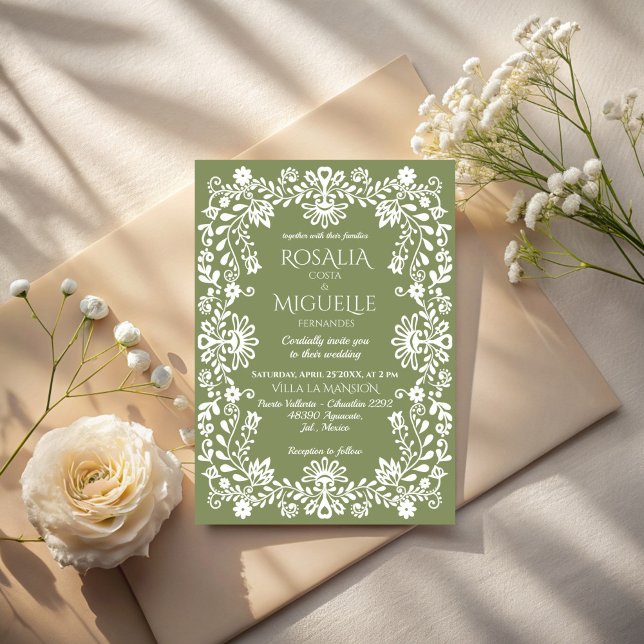 Talavera-sagegrön mexikansk bröllopsfest inbjudningar (Talavera sage green Mexican wedding Invitation cards template folk art border wedding cards)