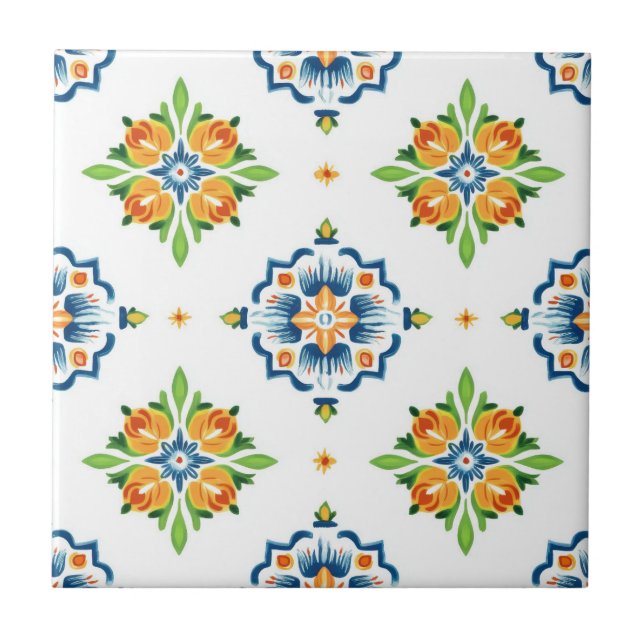 Talavera Seamless Blue Orange Grönt Mexikanska  Kakelplatta (Framsidan)