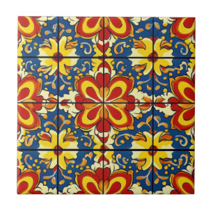 Talavera Seamless Blue Red Gult Mexikansk spansk Kakelplatta