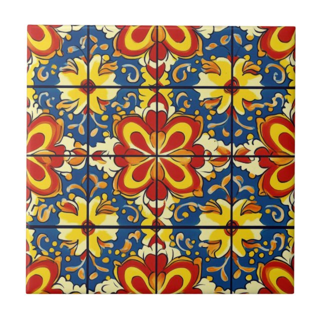 Talavera Seamless Blue Red Gult Mexikansk spansk Kakelplatta (Framsidan)