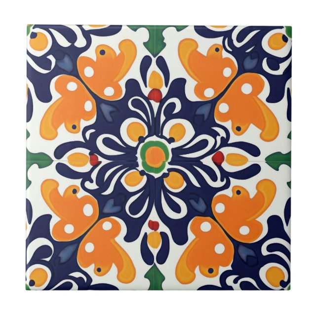 Talavera Sömlös Blå Orange Mexikansk Spansk Kakelplatta (Framsidan)