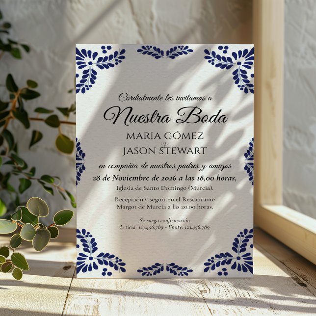 Talavera Svart Blommig Minimalistisk Spansk Bröllo Inbjudningar (Talavera Black Floral Minimalist Spanish Wedding Invitation)