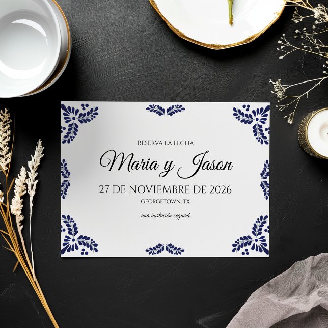 Talavera Svart Blommig Minimalistisk Spansk Bröllo Spara Datumet (Talavera Black Floral Minimalist Spanish Wedding Save The Date)