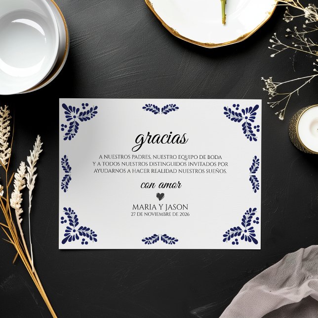 Talavera Svart Blommig Minimalistisk Spansk Bröllo Tack Kort (Talavera Black Floral Minimalist Spanish Wedding Thank You Card)