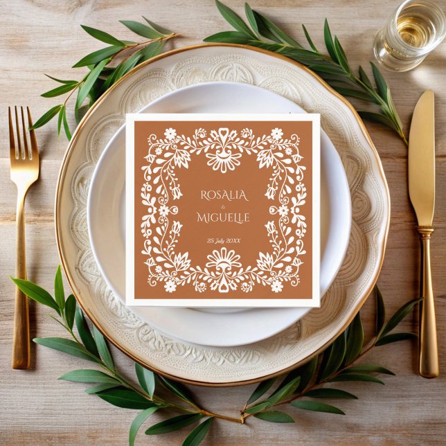 Talavera terracotta Mexican bröllop monogrammad Pappersservett (Talavera terracotta Mexican wedding monogrammed printed Napkins personalized talavera table decor )