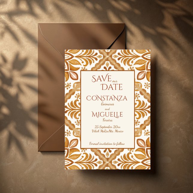 Talavera terracotta vintage Mexikanska bröllop Spara Datumet (Talavera terracotta vintage Mexican wedding Save The Date cards template )