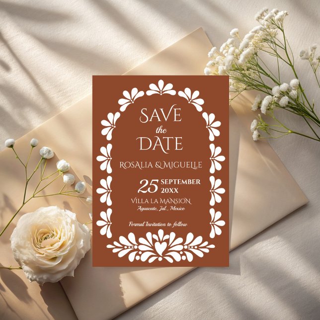 Talavera terrakotta boho båge mexikansk bröllop spara datumet (Talavera terracotta boho arch Mexican wedding Save The Date cards template instant download)