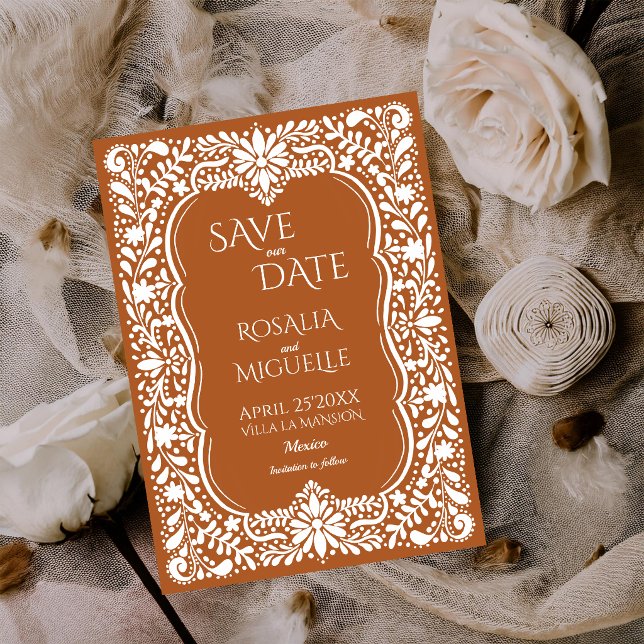 Talavera terrakotta mexikansk bröllop spara datumet (Talavera terracotta vintage lace folk pattern Mexican wedding Save The Date cards instant download)