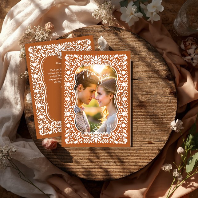 Talavera terrakotta mexikansk bröllopsfoto tack kort (Talavera terracotta hand drawn vintage lace folk art Mexican wedding photo Thank You Cards)