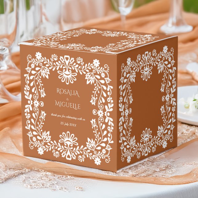 Talavera terrakotta mexikansk bröllopsmonogram presentaskar (Talavera terracotta folk white  vintage lace pattern Mexican wedding monogrammed Favor Boxes)