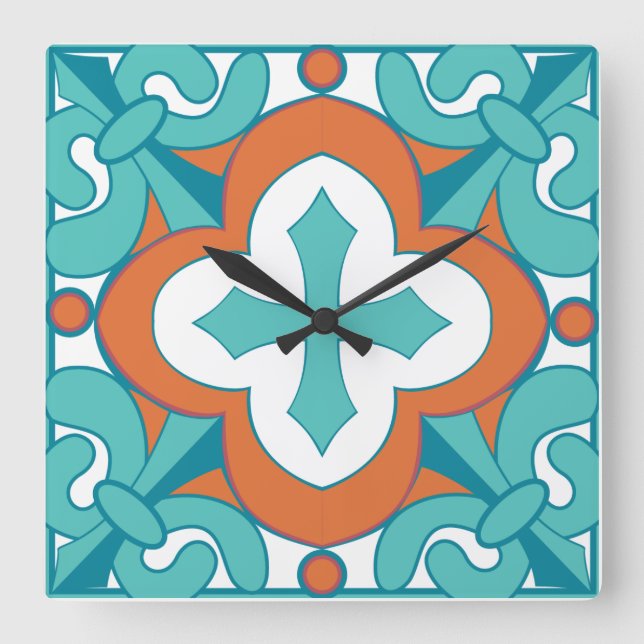 Talavera Tile Clock - Orange och turkos Fyrkantig Klocka (Framsida)