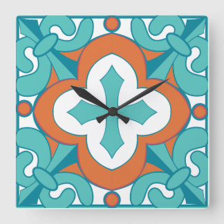Talavera Tile Clock - Orange och turkos Fyrkantig Klocka