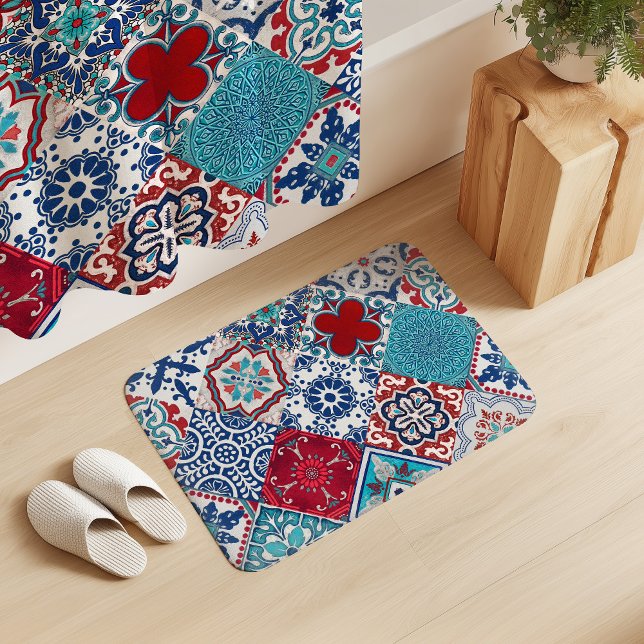 Talavera Tles Turkos Denim Blå Röd Vit  Badrumsmatta (Skapare uppladdad)