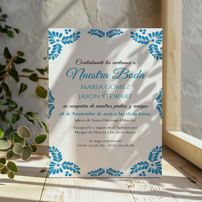 Talavera Turkis Minimalistisk Spansk Bröllopsklänn Inbjudningar (Talavera Turquoise Minimalist Spanish Wedding Invitation)