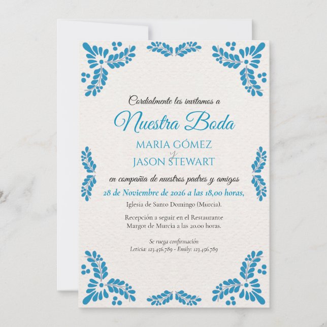 Talavera Turquoise Minimalist Spanish Wedding Inbjudningar (Framsida)