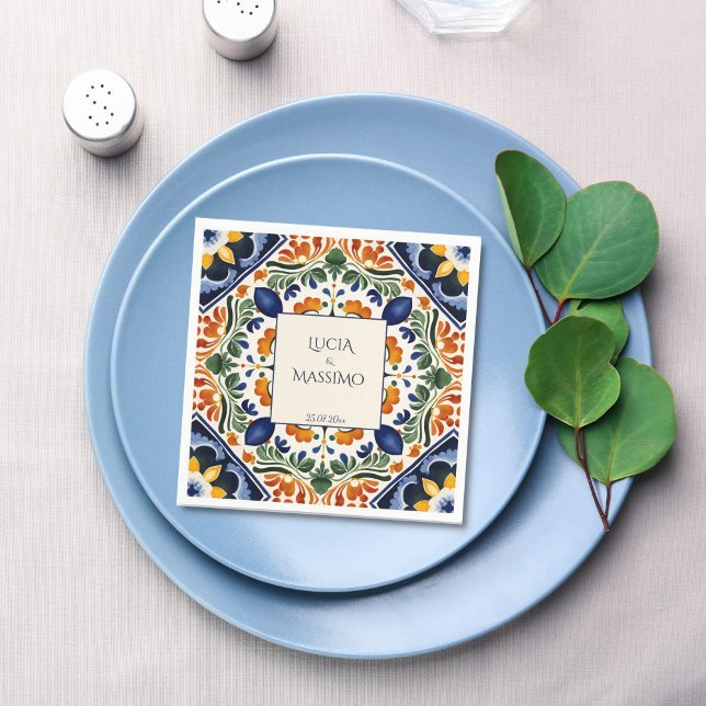 Talavera vintage Mexikanska bröllop monogram tryck Pappersservett (Talavera vintage Mexican Hacienda wedding monogram printed Napkins template personalized table decor)