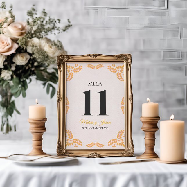 Talavera Yellow Floral Minimalist Spanish Wedding Bordsnummer (Talavera Yellow Floral Minimalist Spanish Wedding Table Number)