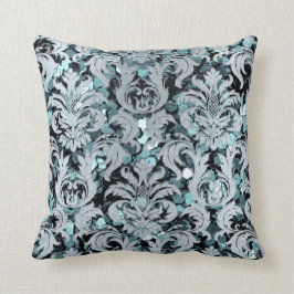 Tale Aquatic Damask Blue Grått Navy Sequin Kudde