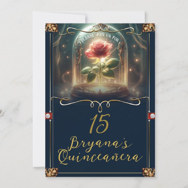 Tale lika gammal som Time Enchanted Ro Quinceañera Inbjudningar (Framsida)
