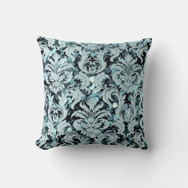 Tale Teal Aquatic Silver Damask Navy Sequin Kudde (Framsida)